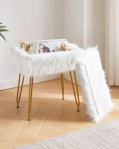 Vista 2 de IBUYKE Taburete rectangular de piel sintética con almacenamiento, color blanco WBD022W Furry Makeup Chair Ottoman Soft Padded Seat Round Footrest