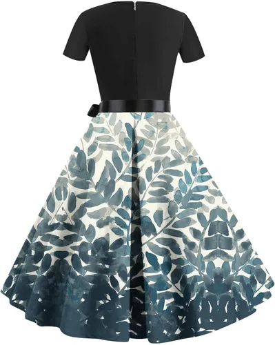 Vista 3 de Vestido acampanado para mujer, estilo Audrey Hepburn, vestido de cóctel con estampado vintage, lazo de los años 50, vestido de fiesta Rockabilly