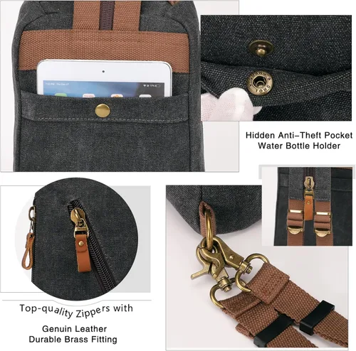 Vista 3 de KL928 Bolso bandolera pequeño Mochila cruzada de lona para el hombro, mochila casual para hombres y mujeres, negro (6887-canvas-black), Mochilas