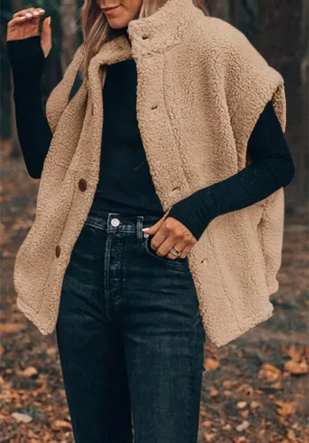 Vista 56 de Hongqizo - Chaleco de forro polar mullido para mujer, casual, de gran tamaño, cálido, con botones, chaqueta de sherpa con bolsillos