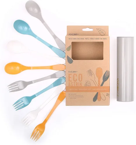 Vista 9 de Knork Juego de almuerzo de viaje con tenedor y cucharadita de acero inoxidable original, utensilios de 2 piezas más estuche ecológico Astrik