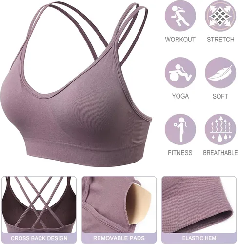 Vista 5 de VEQKING Brasier deportivo con espalda cruzada para mujer, con relleno y tirantes de soporte medio, brasier de yoga para entrenamiento, fitness