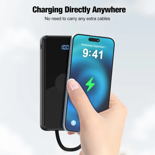 Vista 5 de Cargador portátil con cables integrados, batería de alta velocidad de 10000 mAh, paquete de batería de viaje, 5 salidas, 3 entradas, cargador