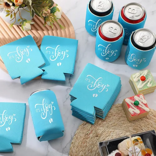 Vista 5 de Mifoci 50 piezas de decoración de baby shower, mangas de cerveza para revelación de género, fundas de cerveza para revelación de género, fundas