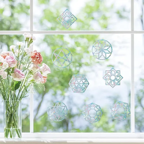 Vista 7 de GORGECRAFT 16 calcomanías de alerta de cristal de arco iris de geometría sagrada para ventanas, diseño de flores de la vida, anticolisión