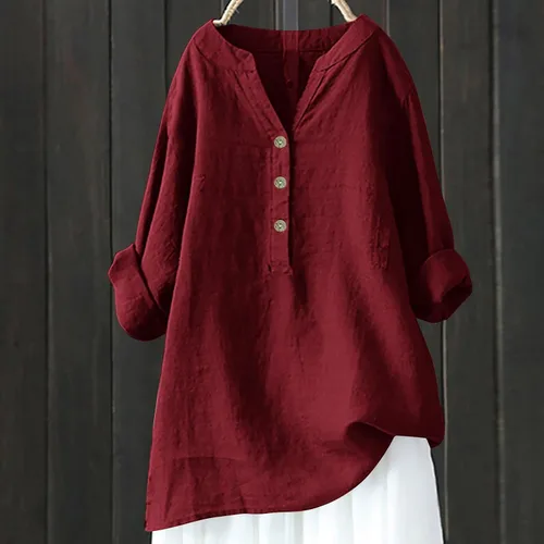 Vista 2 de Blusa de moda con botones para mujer, ajuste holgado, de manga larga, casual, de algodón y lino, 2023