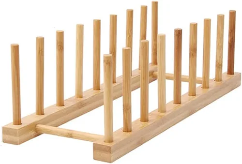 Vista 5 de Juego de 4 escurridor de madera de bambú para platos y escurridor, soporte de almacenamiento para guardar platos, tazones, libros