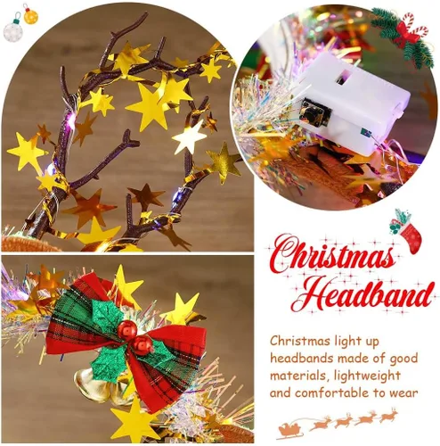 Vista 4 de CASDRE Diadema de Navidad iluminada, diadema de cornamenta de reno dorado, accesorios para el cabello con lazo de Navidad para mujer