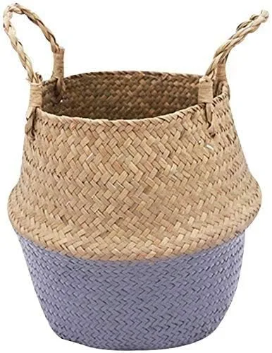 Vista 6 de INSO Cesta tejida natural para el vientre, para pícnic y comestibles. Cesta plegable de almacenamiento de algas marinas con asas para plantas Negro
