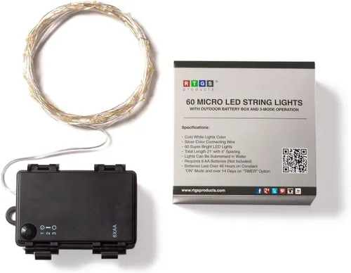 Vista 3 de Cadena de 60 luces LED RTGS, funciona con pilas con cable plateado de 20 pies de largo, para interiores y exteriores, con caja de batería Blanco