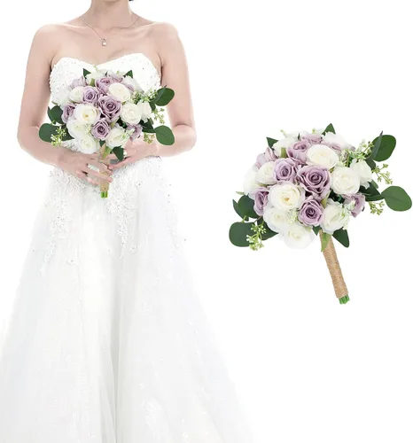 Vista 14 de Ramos para dama de honor para boda - Ramo de flores artificiales de 7 pulgadas para fiesta, ceremonia, aniversario, centros de mesa para mesa de Azul