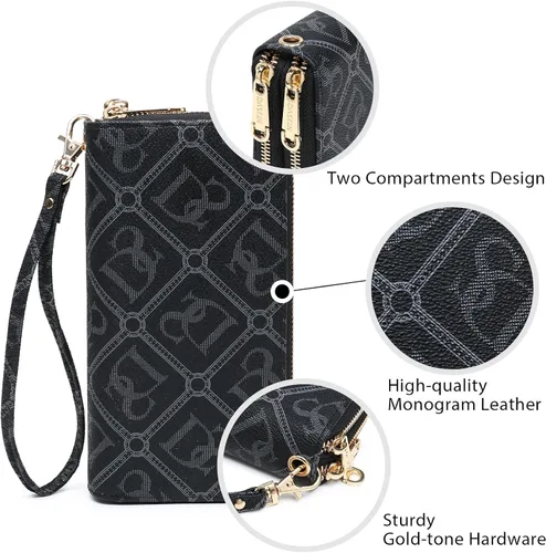 Vista 6 de Dasein Cartera con bloqueo RFID para mujer, bolsa de mano de gran capacidad, funda para teléfono con correa para la muñeca, Ds-negro, Cartera