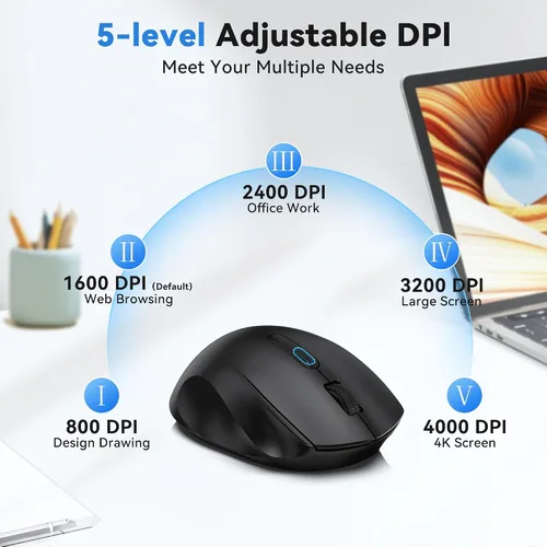 Vista 4 de TECKNET Ratón inalámbrico para computadora portátil, ratón inalámbrico Bluetooth de modo dual (BT5.2/3.0 y 2.4G), diseño ergonómico, DPI de 5