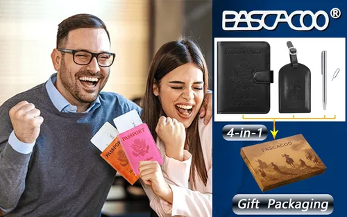 Vista 6 de Funda para pasaporte, cartera con bloqueo RFID, funda de piel para tarjetas, accesorios de viaje para mujeres y hombres, negro