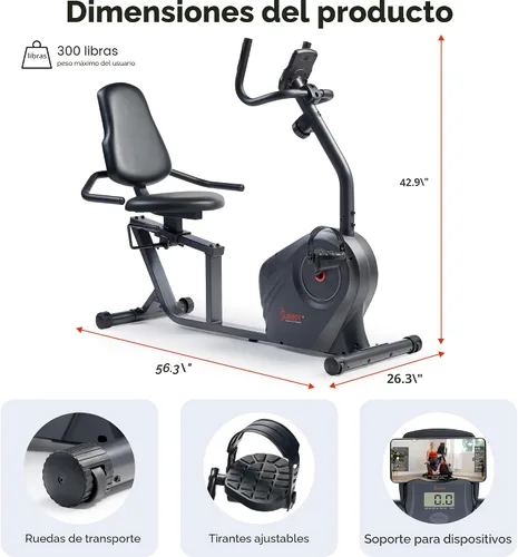 Vista 6 de Sunny Health & Fitness Smart Recumbent Bike, Wide Cushioned Seat & Back, Indoor Cycling Machine for Adult/Seniors Home Exercise, Free SunnyFit App