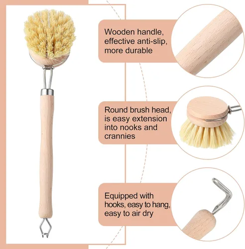 Vista 3 de Maxdot 4 cepillos de cocina con mango de madera de haya, mango de madera natural, cepillo de cerdas de fibra, cepillo de repuesto de 2 pulgadas