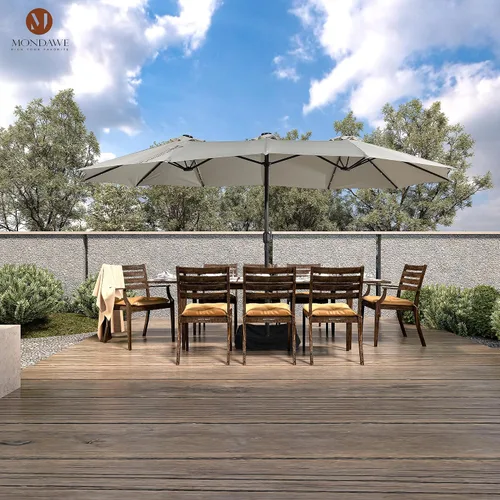 Vista 2 de MONDAWE Paraguas de patio de 15 pies con luces solares (base incluida) sombrilla grande de doble cara de aluminio rectangular de aluminio para mesa