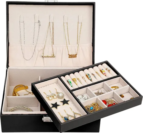 Vista 2 de ZUZ003A - Caja organizadora de joyas para mujeres y niñas, estuche de almacenamiento grande de 2 capas, soporte de exhibición de piel sintética