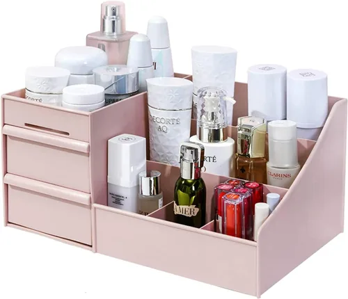 Vista 12 de Organizador de escritorio de maquillaje con cajones, organizador de cuidado de la piel para cosméticos, soporte de tocador para lápiz labial