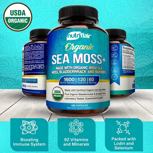 Vista 3 de NutriFlair Musgo marino orgánico de 1600 mg, 120 cápsulas más vejiga y bardana - Super alimento prebiótico - Sistema inmunológico y salud digestiva