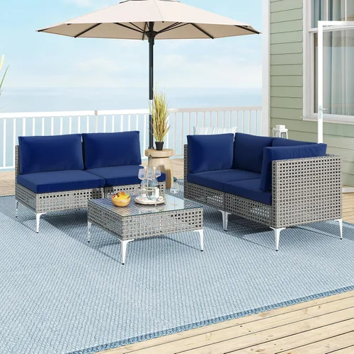 Vista 3 de Tangkula Juego de muebles de exterior de 5 piezas, juego de sofá modular acolchado de mimbre resistente con mesa de café de vidrio templado