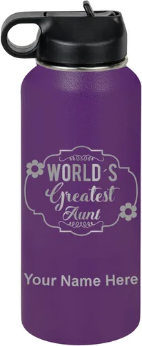 Vista 40 de LaserGram Botella de agua con tapa abatible de doble pared de 12 onzas con pajilla, la tía más grande del mundo, grabado personalizado incluido Negro