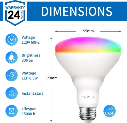 Vista 3 de ANWIO Bombilla inteligente BR30 RGB que cambia de color, LED, WiFi, regulable, multicolor, base E26, compatible con Alexa, Google Assistant,