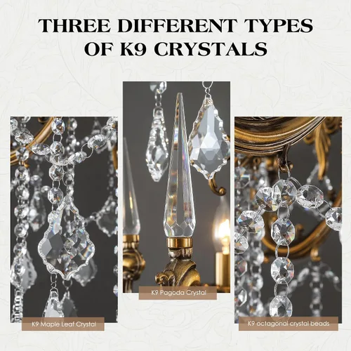 Vista 2 de Candelabros de cristal de bronce antiguo de lujo con lámpara colgante de vela, lámpara de techo de 6 luces de cristal dorado para comedor, sala