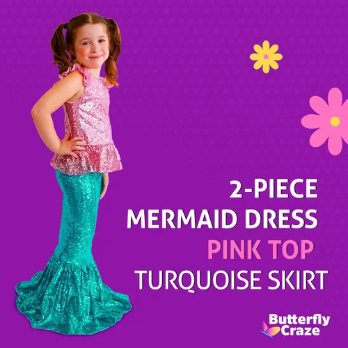 Vista 3 de Butterfly Craze Little Girls Mermaid Costume TopDress with Skirt - Perfect for Birthday Parties Halloween School Fairs