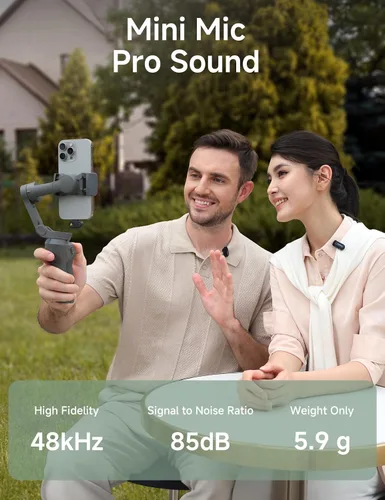 Vista 4 de MAONO Wave T1 Mini micrófono inalámbrico Lavalier para iPhone/Android, cancelación de ruido, filtro de voz AI, 30 horas utilizado con estuche