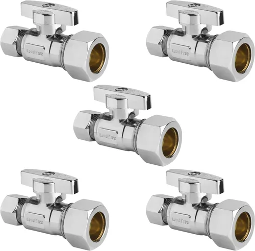 Vista 18 de Válvula de Parada Angular WiseWater 1/2" FNPT x 3/8" OD de Compresión, Válvula de Cierre de Inodoro de Cuarto de Vuelta de Latón Cromado para Baño