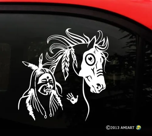 Vista 2 de Calcomanía de caballo - AMIART® Vinilo Ecuestre Art - Caballo de guerra e indio nativo americano con marcas y detalles tribales. X Grande 8,5" x