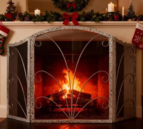 Vista 11 de Kingson - Pantalla para chimenea de 3 paneles con arco decorativo, hecha a mano, de hierro forjado con espiral, cubierta protectora contra chispas