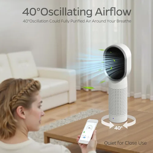Vista 2 de QUEENTY Purificador de aire de escritorio para oficina con filtro HEPA H13, ionizador, salida cara a cara y soplado de aire oscilante para ayudarte