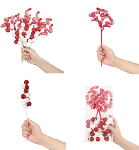 Vista 5 de 6 piezas de adornos para árbol de Navidad, varillas de lana rojas y blancas con lentejuelas y esferas colgantes para árbol de Navidad, adornos