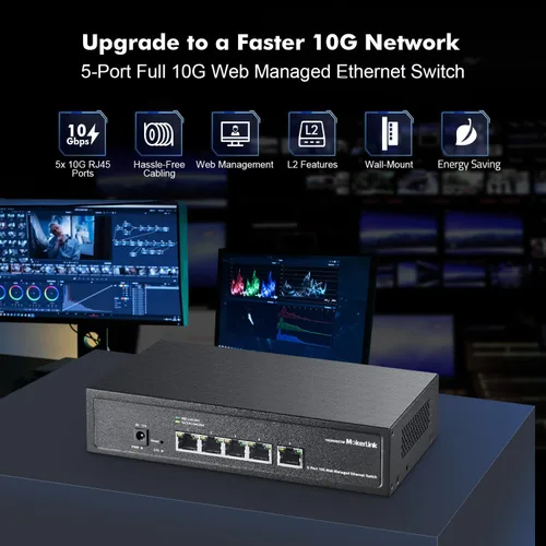 Vista 2 de MokerLink Interruptor Gestionado de 5 Puertos 10Gbps, 5x10G Puertos Ethernet RJ45, 10G/5G/2.5G/1000M/100Mbps, Ancho de Banda 100Gbps, Interruptor