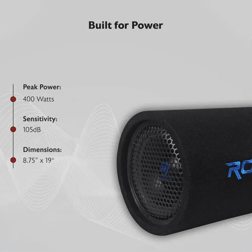 Vista 8 de Rockville RTB80A, subwoofer de bajos alimentado de 8 pulgadas y 400 W, forma de tubo con entrada mp3