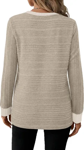 Vista 4 de WIHOLL Camisetas de manga larga para mujer, trajes de otoño, camisas de Caqui