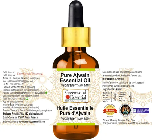 Vista 2 de Greenwood Essential Aceite esencial puro de Ajwain (Trachyspermum ammi) con cuentagotas de vidrio destilado al vapor 0.2 fl oz (0.16 oz)