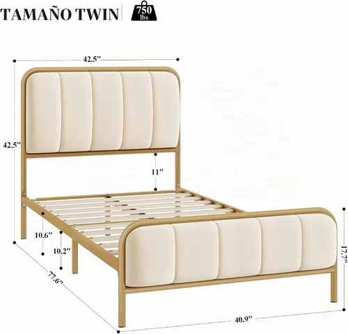 Vista 2 de HITHOS Base de cama tamaño individual con cabecera tapizada con botones, base de colchón de metal resistente con listones de madera, fácil