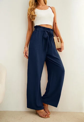 Vista 3 de IWOLLENCE - Pantalones de pierna ancha para mujer con bolsillos, cintura alta, nudo ajustable, holgados, casuales, para trabajo y negocios