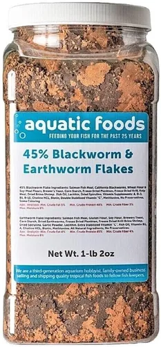 Vista 3 de Mezcla de escamas de gusano negro al 45% y escamas de lombriz de tierra para disco, cíclidos, peces tropicales. Aquatic Foods Premium Flakes