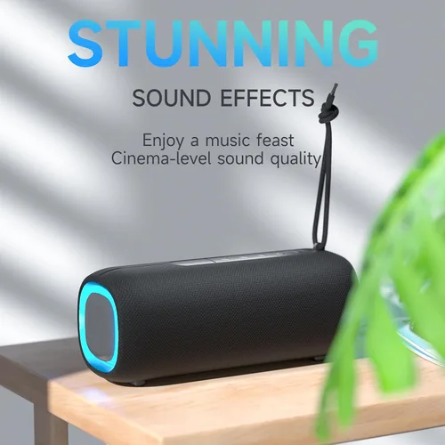 Vista 2 de Altavoz Bluetooth portátil, altavoz Bluetooth inalámbrico con sonido estéreo claro y fuerte, altavoces impermeables IPX5 con luces RGB, BT5.3, largo