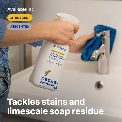 Vista 2 de ATTITUDE Spray limpiador de baño, verificado por EWG, a base de plantas y vegano, seguro para superficies de baño, azulejos, bañeras, paredes