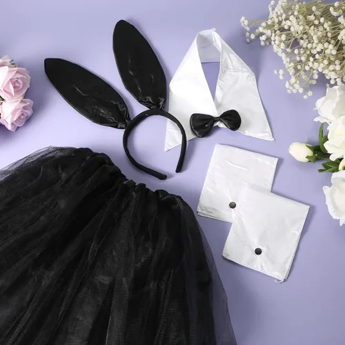 Vista 3 de LUTER 5 accesorios de disfraz de conejo, juego de disfraz de conejo, diadema de orejas de conejo, cuello de corbata tutú con 2 puños de conejo