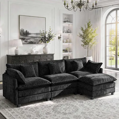 Vista 17 de LEVELEVE Sofá modular en forma de L de 112 pulgadas con 1 otomana, cama convertible de nube de asiento profundo, 3 cojines de 2 brazos, muebles Gris
