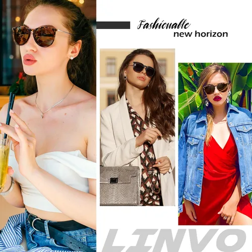 Vista 2 de LINVO Gafas de sol retro para mujer, polarizadas, protección UV, estilo vintage, estilo de diseñador, gafas de sol redondas