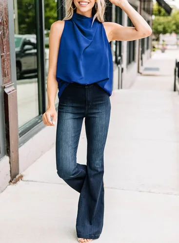 Vista 4 de LOLONG Blusas de gasa sin mangas con cuello alto para mujer, estilo halter, blusas casuales de gasa