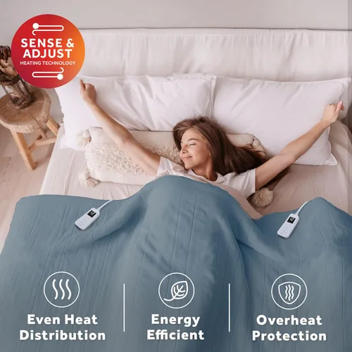 Vista 6 de Sunbeam Electric Royal Luxe - Manta eléctrica calefactora de microfelpa con 12 configuraciones de calor, apagado automático seleccionable de 12 Azul