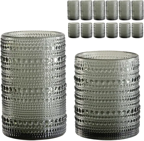 Vista 7 de ZMOWIPDL Juego de Cristalería Vintage de 12 Vasos para Beber, Azul 12oz y 15oz Vasos de Vidrio Hobnail, Vaso de Agua en Relieve, para Cerveza